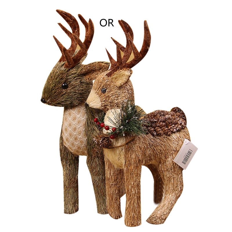 Handmade Straw Lower for Head Elk Ornament Handicrafts Standing Sika Deer for Doll Animal Figurines Christmas Holiday Party