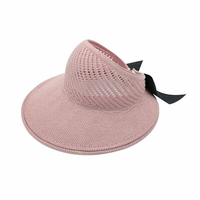 Chapéu de praia largo dobrável feminino com laço, chapéu de sol portátil, viseiras superiores vazias, respirável, anti-UV, boné feminino