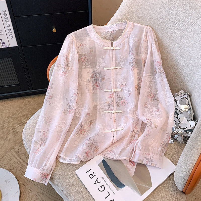 New Chinese Style Floral Embroidery Button Up Lace Patchwork Shirt 2024 Women's Summer Gentle Temperament Thin Style Shirt