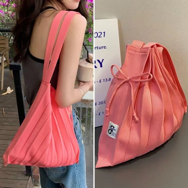Korean Niche Design Rainbow Bag with Pleats and Folds Foldable Knit Single-shoulder Bag Accordion-style Large Capacity Handbag