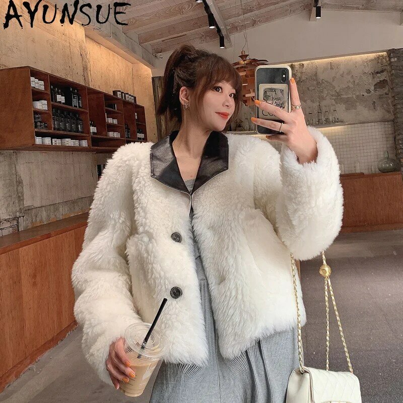 Ayunsue-女性のためのウールのジャケット100%,韓国のファッションの毛皮のコート,短いウールのコートとジャケット,革の襟2023