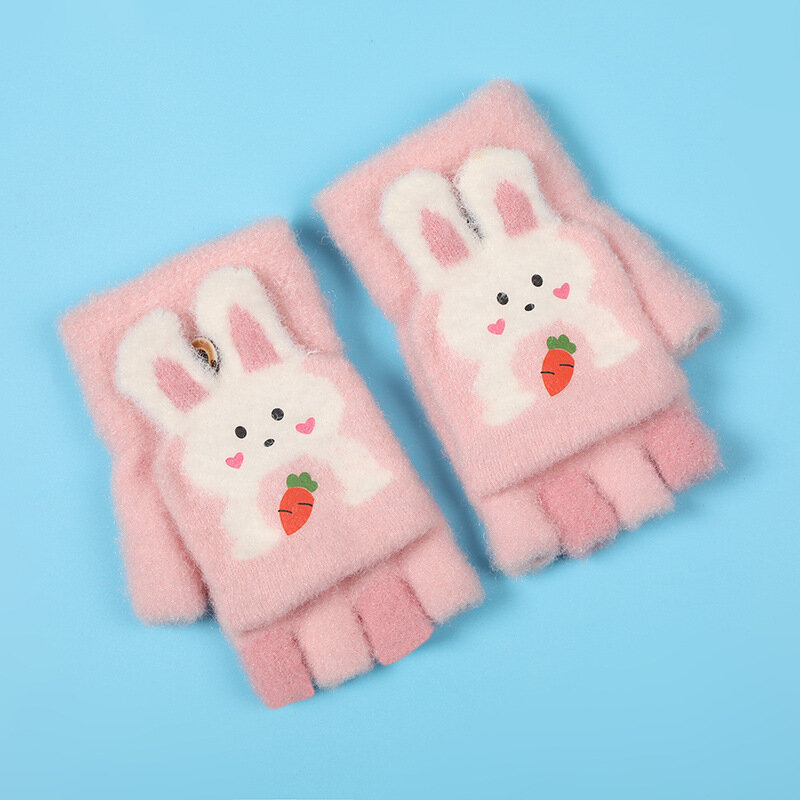 Rękawiczki dla dzieci z pięcioma palcami zimowy chłopiec zagęszczony pół mitenki dziewczynka z dzianiny rękawice zimowe nowe kreskówki ciepłe rękawiczki z klapką