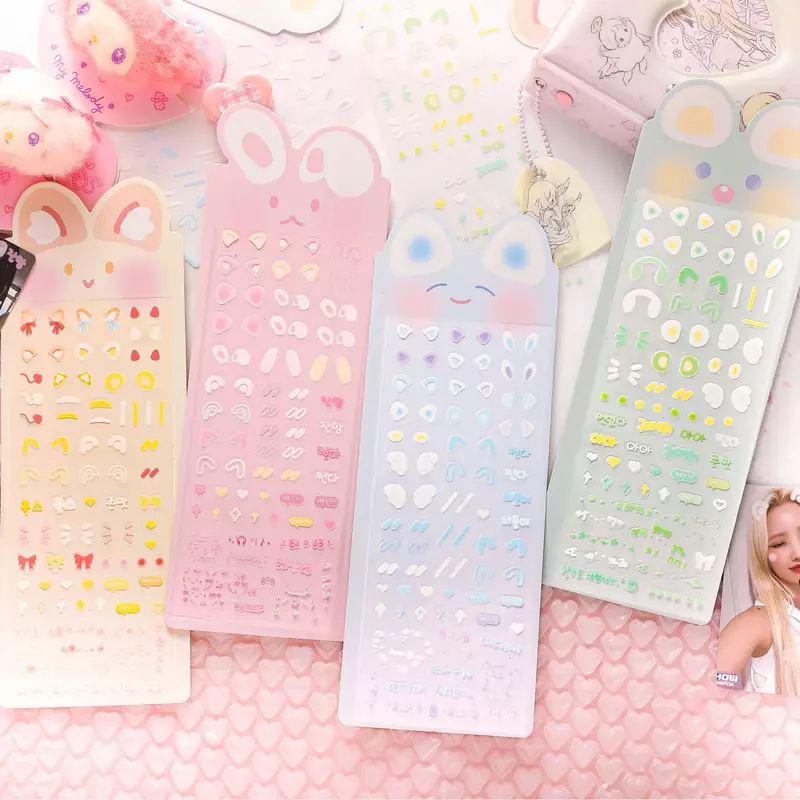 1 Pc Cute Cartoon Rabbit Ear Powder fard PET coreano Toploader Sticker Kawaii Kpop Idol Photo Card Deco Stickers Album fai da te