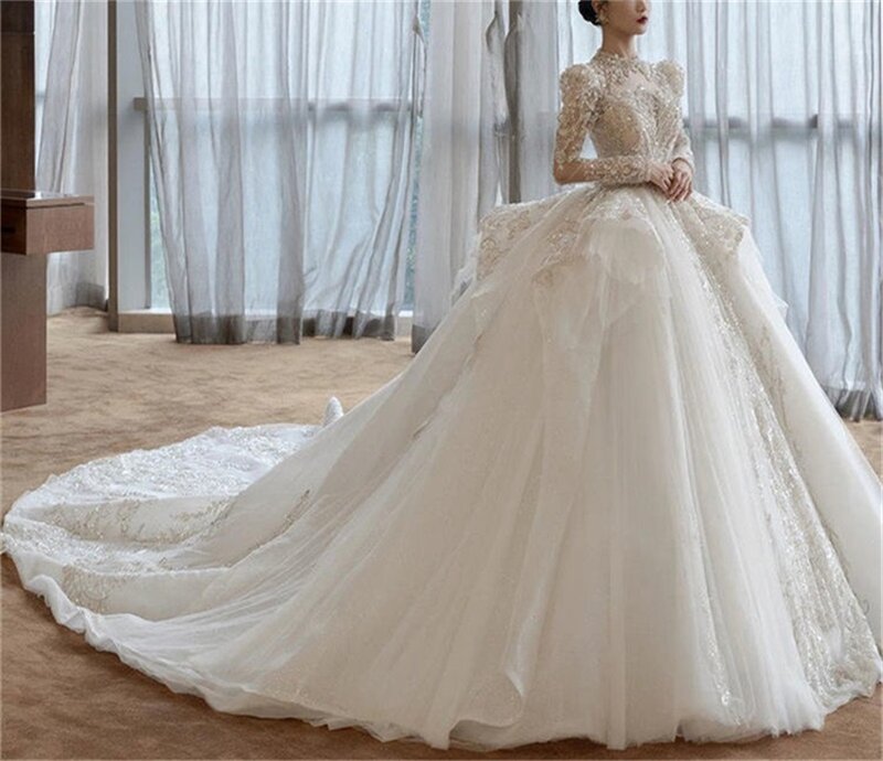 Luxus Kristall Ballkleid Hochzeit Kleid Prinzessin Perlen Pailletten Dubai Arabien Puffy Volle Hülsen Brautkleid Robe De Mariée