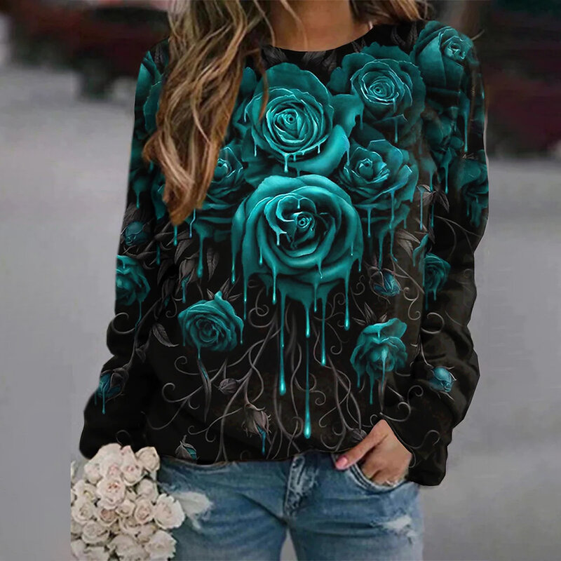 Camiseta de manga larga para mujer, Top ligeramente elástico, estampado 3d de rosas, patrón de alta definición, ropa informal de uso diario, 2024