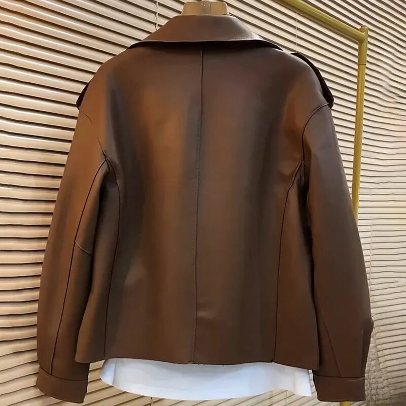 Женская кожаная куртка с воротником-стойкой, коричневая, черная, красная куртка свободного покроя на весну и осень, 2024