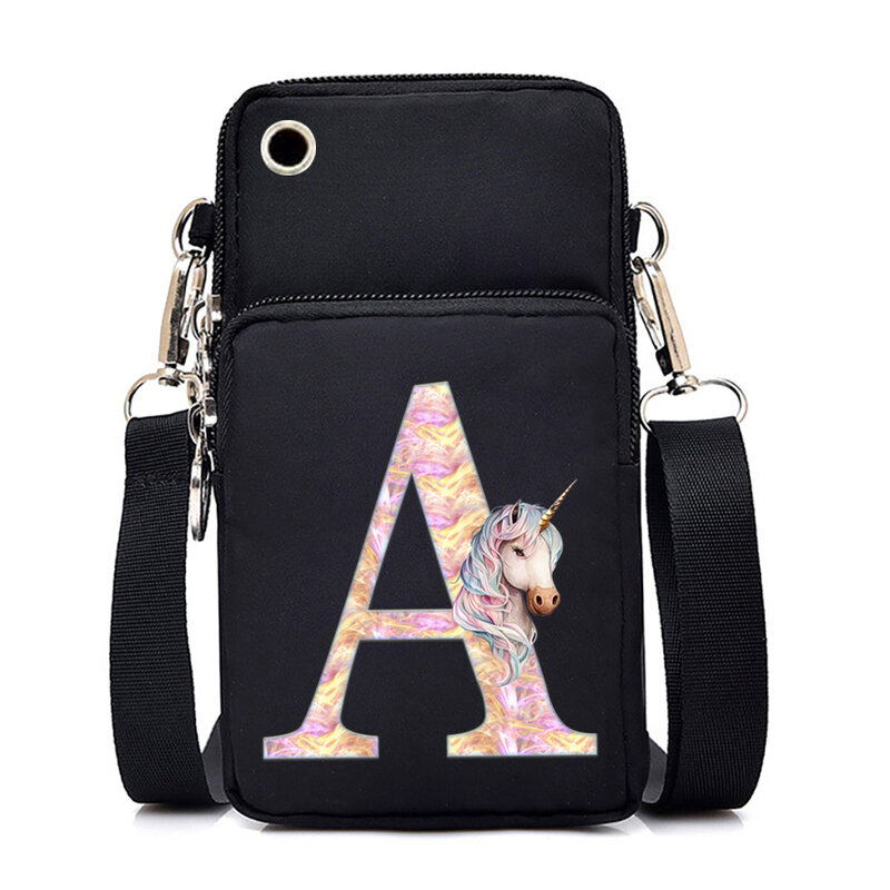 Tas selempang kecil wanita, kantung bahu 26 alfabet ponsel perempuan, dompet tas Messenger Kartun Unicorn