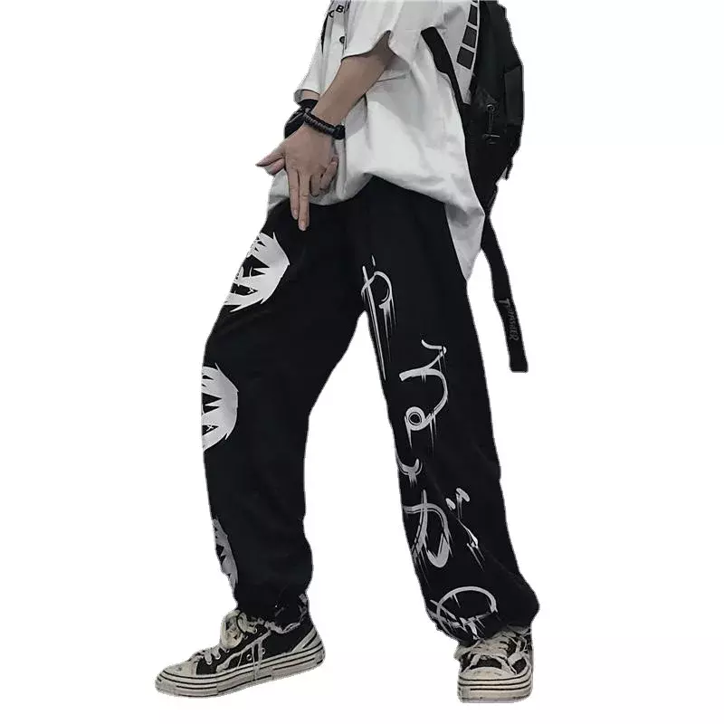W japońskim stylu Harajuku nadruk Anime spodnie szerokie nogawki damskie Hippie Streetwear czarne spodnie dresowe w stylu koreańskim