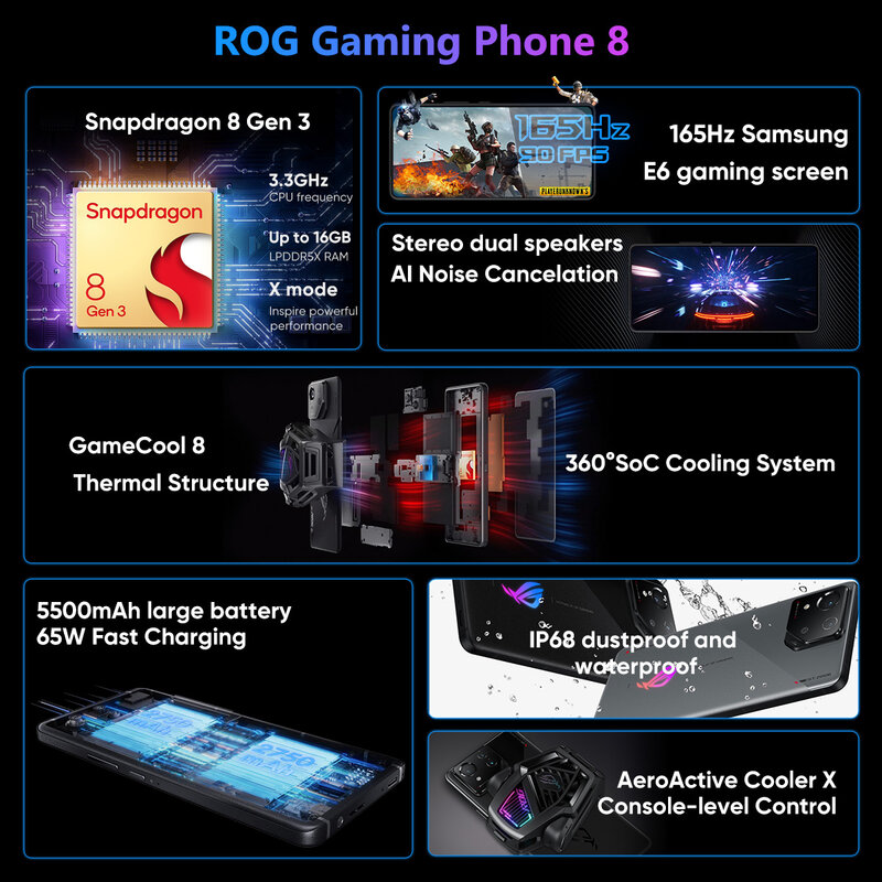 ASUS-Téléphone de jeu ROG 8 et 8 pro 5G, ROM globale, Snapdragon 8, Isabel 3 6.78, écran AMOLED 165Hz, 5500mAh, charge rapide 65W