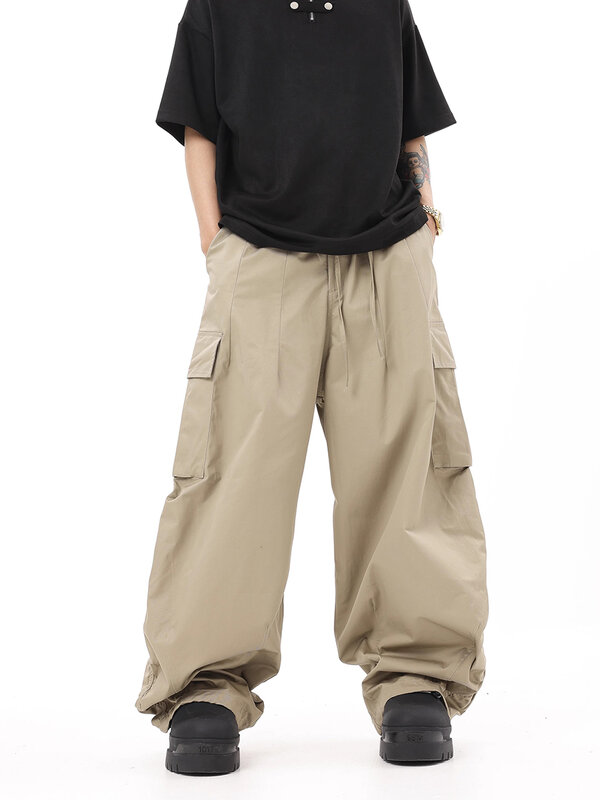 REDDACHIC Men Function Pockets Cargo Pants Drawstring Waist Loose Casual Wide Leg Hip Hop Trousers Sport Outdoor Street Workwear