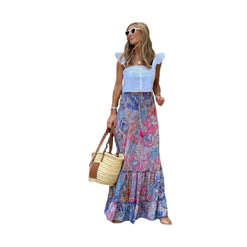 Летняя элегантная женская юбка 2024, модная винтажная юбка макси с принтом в стиле бохо, свободная юбка с высокой талией, длинная юбка