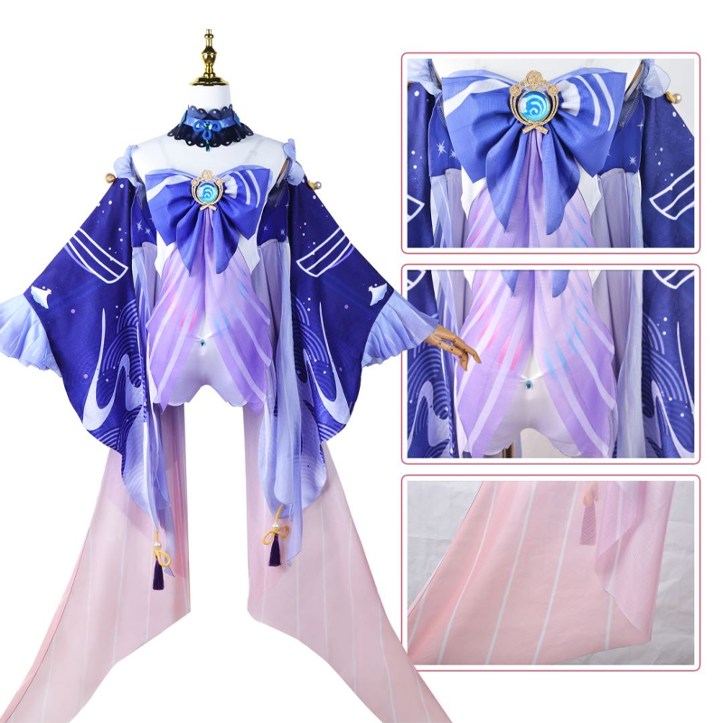 Genshin Impact Sangonomiya Warriomi Cosplay Costume pour Femme, Robes de Soirée, Uniforme, Perruque Trempée, Ensemble Complet, ixd'Halloween