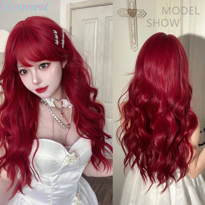 Long Body Wave Wig with Bangs Burgundy Wine Red Colorful Party Wig for Women Natural Daily Cosplay Synthetic Hair Heat Resistant