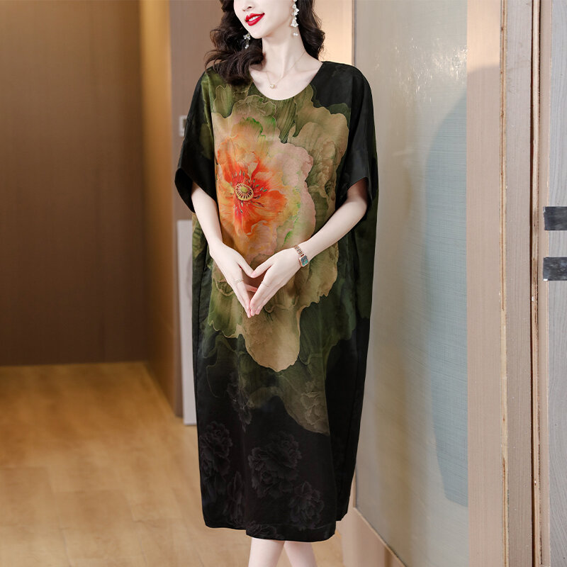 Spring/Summer 2023 New Loose Silk Retro Print Bat Sleeve Dress Green Flower Print Large Slim Skirt Knee Length Gown