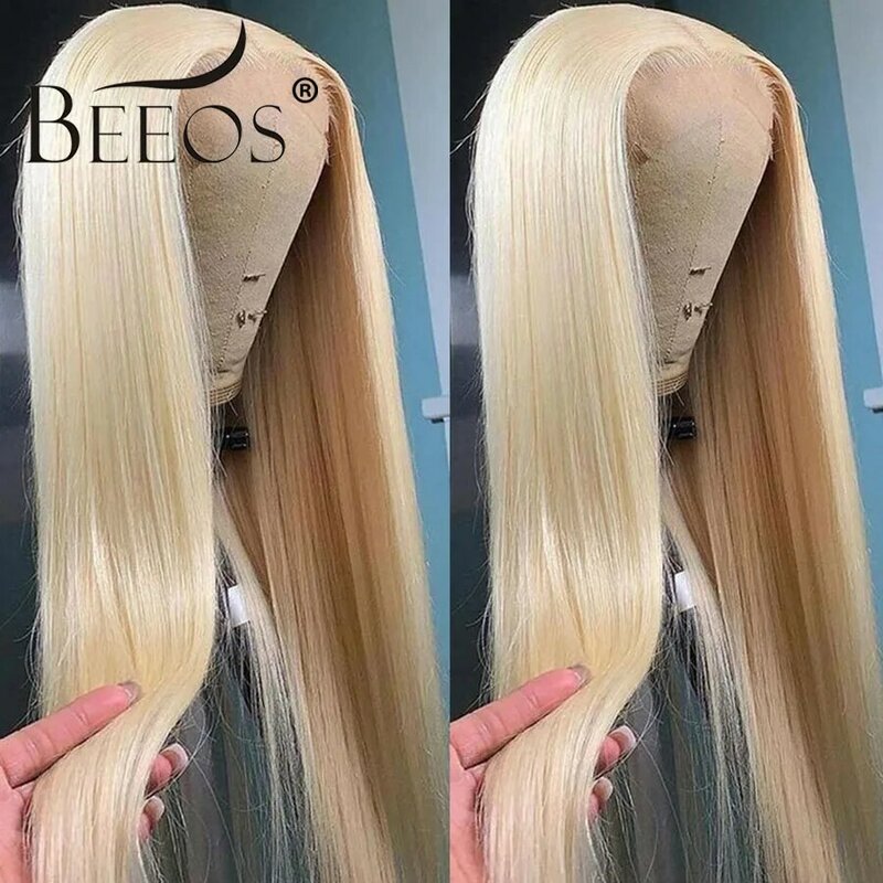 Beeos-ブロンドhdフルレース正面人間の髪の毛のかつら、ストレート接着剤のないかつら、事前に摘み取られた、250% 、34 "、613、13x6、5x5