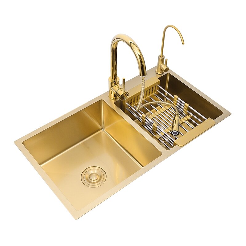Fregadero de cocina cepillado dorado, cuencos dobles de acero inoxidable, lavabo sobre encimera, drenaje, recogedor de pelo, juego de cuencos de cocina con cesta