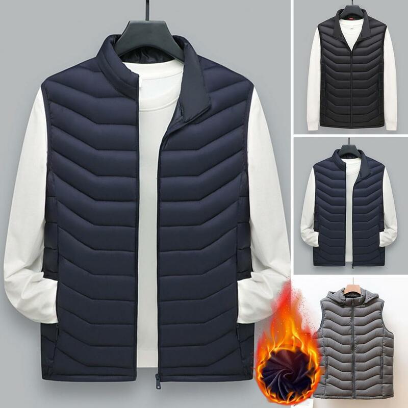 Casaco térmico sem mangas masculino com bolsos de zíper, casaco macio, quente, à prova de vento, elegante, inverno, outono