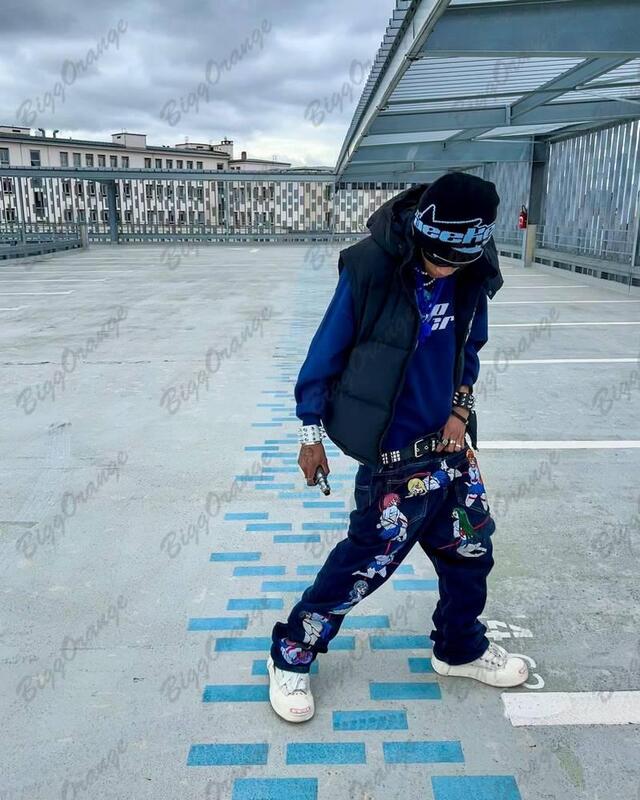 Anime Men's Pants Trend Y2k Street Clothing Blue Printed Jeans Loose Relaxed Hip Hop Clothing Handsome Student Clothing