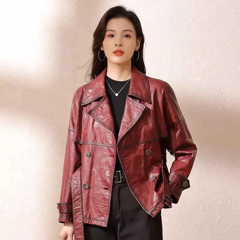 AYUNSUE Genuine Leather Jacket Women 2023 Vintage Real Sheepskin Coat for Women Slim Leather Jackets Elegant Lace-up chaquetas