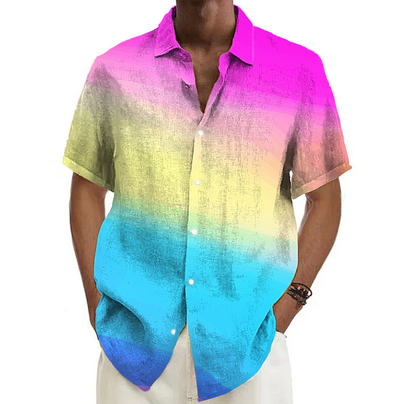 เสื้อเชิ้ตแขนสั้นพิมพ์ลายดิจิตอล3D สีรุ้ง2024เสื้อเชิ้ตผู้ชายเสื้อเชิ้ตชายหาดแขนสั้นของผู้ชาย