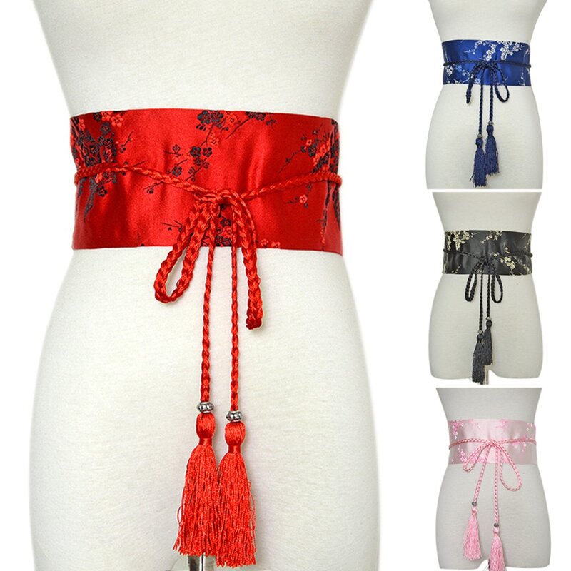 Ceinture à nœud papillon pour femme, corset large japonais, ceinture en satin, ceinture vintage, imprimé floral, Cummerbunds Kimono, accessoires de mode
