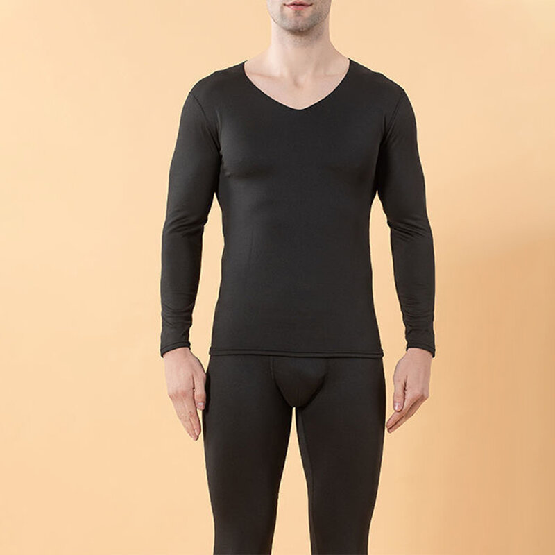 Conjunto de roupa interior térmica masculina, velo forrado Johns longo, fundo apertado, top sólido grosso, pijama casual de elasticidade, inverno
