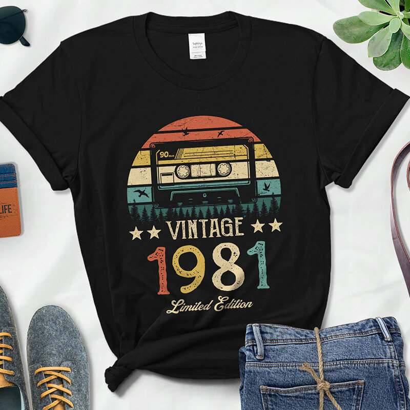 Vintage 1981 Limited Edition Retro Cassette T-Shirt donna 43rd 43 anni festa di compleanno fidanzata regalo T-Shirt nera Femme