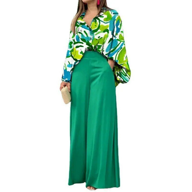 2023 African Clothes For Women Autumn African Long Sleeve 2 PC Casual Print Shirt Wide Leg Pants Matching Set African Clothing