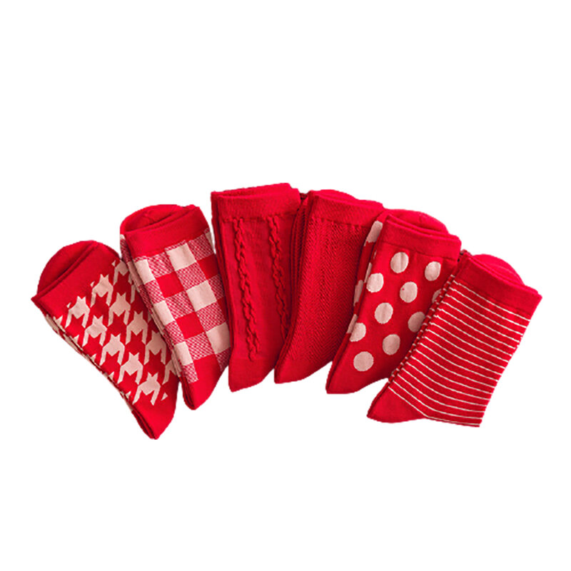 1 Paar Vrouwen Katoen Harajuku Rode Kleur Retro Losse Sokken Plaid Gestreepte Sokken Herfst Winter Nieuwe Jaar Comfortabele Lange sokken