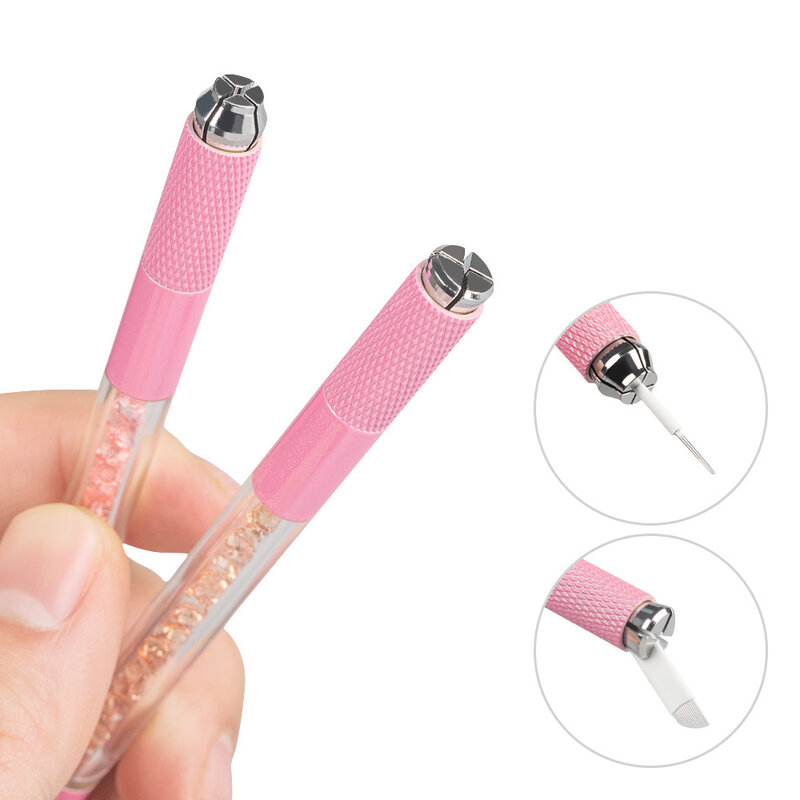 10 Stuks Roze Microblading Dubbel Einde Kristal Acryl Tattoo Handmatige Pen Permanente Make-Up Wenkbrauw Lip Gereedschap Gebruik Voor Platte/Ronde Mes