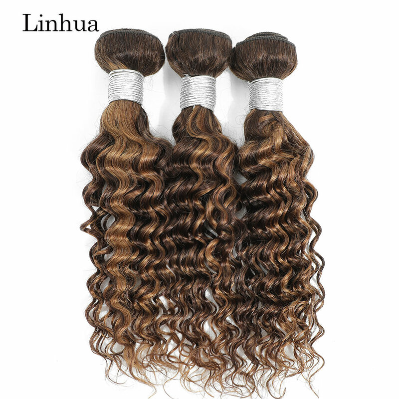 Linhua 30 Inch P4/27 Deep Wave Human Hair Bundles 1 3 4 pcs Highlight Ombre Brown Honey Blonde Deep Curly Hair Weave Weft