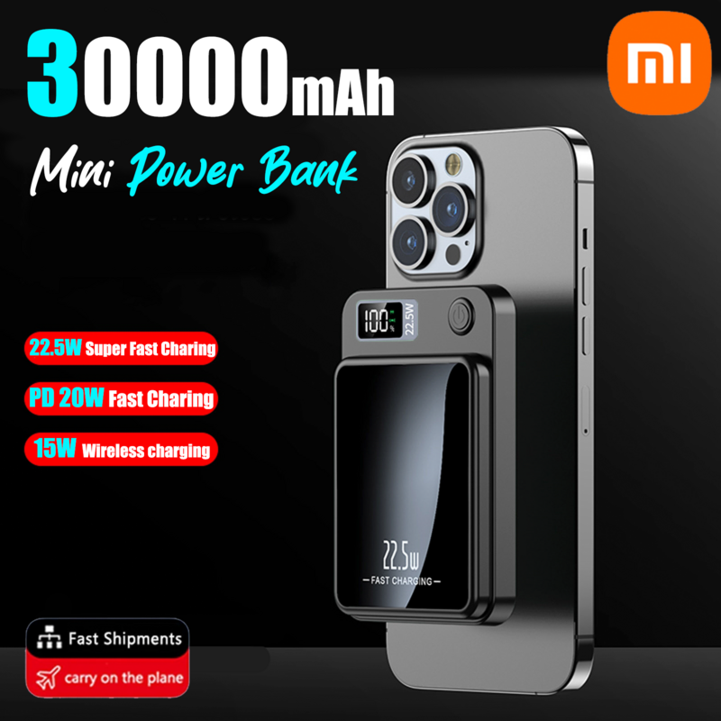 Xiaomi-Mijia Magnético Qi Carregador Sem Fio Power Bank, Mini Powerbank para iPhone, Samsung, Huawei, Carregamento Rápido, 30000mAh, 22.5W
