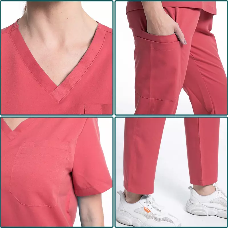 Unisex Médico Uniforme Elastic Scrubs Set, Uniforme de Hospital, Workwear reta, Doutor, Enfermeira, Top, Calças, Acessórios de Enfermagem, 12 Cor