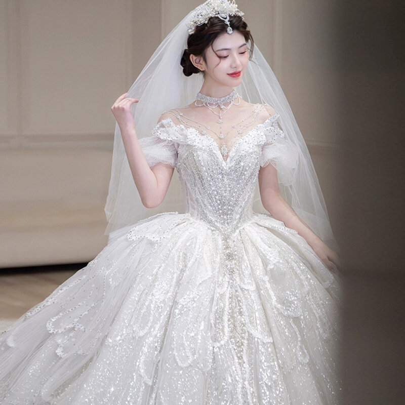 French Shoulder Main Wedding Dresses Elegant Satin Wedding Dress Hot French Shoulder Lace Wedding Dress Luxury