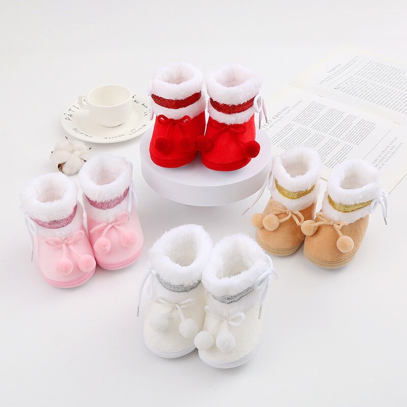 Bottines de neige en peluche à pompons solides pour bébés, chaussures douces et confortables pour nouveau-nés garçons et filles, hiver
