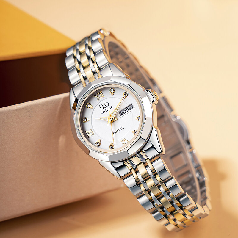 WIILAA-Relógio Quartzo Feminino Clássico com Diamante, Semana e Data, Design Minimalista, Relógio Feminino, Dourado, Aço Inoxidável, Marca de Luxo