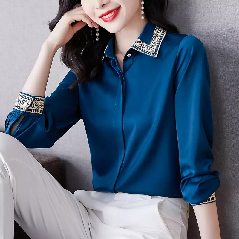 YCMYUNYAN-satijn borduurwerk shirt voor vrouwen, vintage blouses, zijden kleding, lange mouwen, losse mode tops, lente en zomer