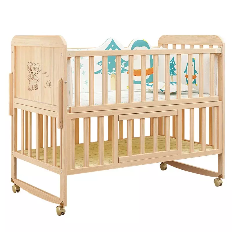 CPull-bébé en bois massif sans peinture, berceau pour bébé Bb, lit multifonctionnel pour enfants et nouveau-nés, grand lit d'épissure mobile