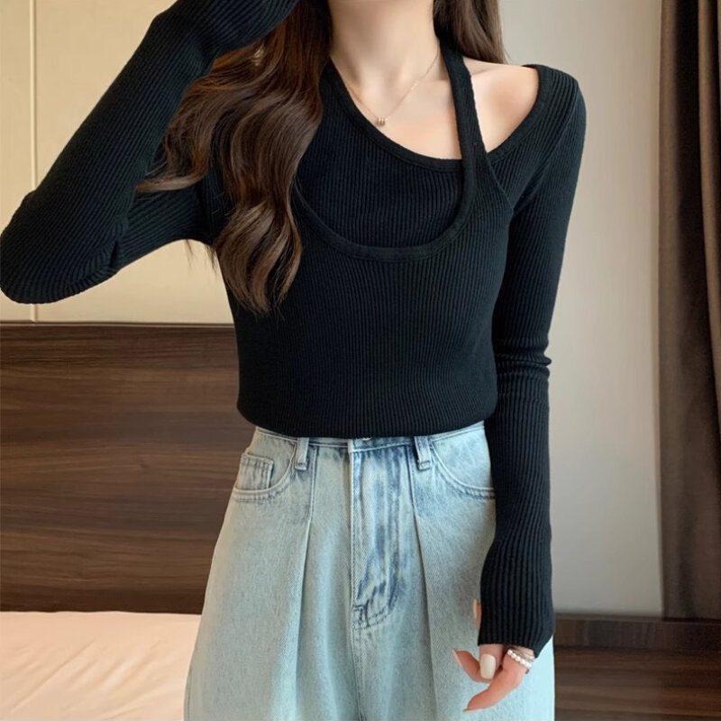 Feste Pullover Frauen schlank kreuz und quer sexy koreanischen Stil gefälschte zweiteilige asymmetrische tägliche All-Match-Frühling Herbst dehnbare Ins