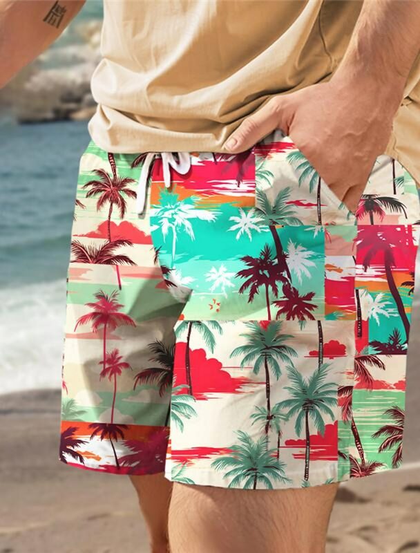Модные мужские пляжные шорты с тропическим принтом пальмового дерева, Гавайские шорты, плавки с кулиской, удобные дышащие шорты для отпуска