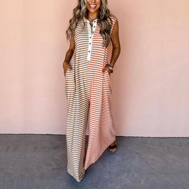 Summer Lady Jumpsuit Striped Print Sleeveless Wide Leg Buttons Long Jumpsuit Roubd Neck Deep Crotch Side Pockets Casual Jumpsuit