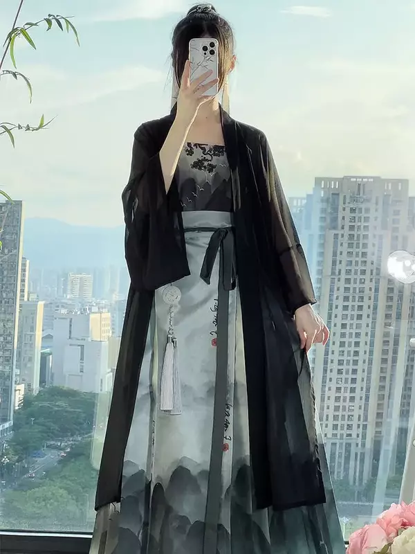 Han Ting Ji Mi Qing Shan Han Fu Female Ming Made Horse Face Skirt Long Shirt New Chinese Daily Chinese Style Commuting Set