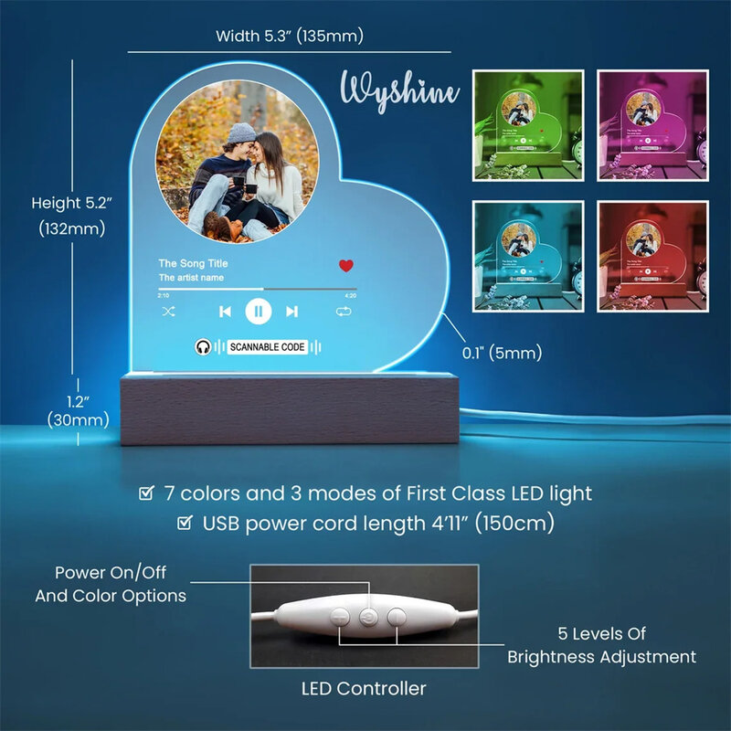 Targa musicale personalizzata LED Light Custom Photo Song placca lampada a cuore in acrilico anniversario di san valentino regalo romantico stampato in 3D