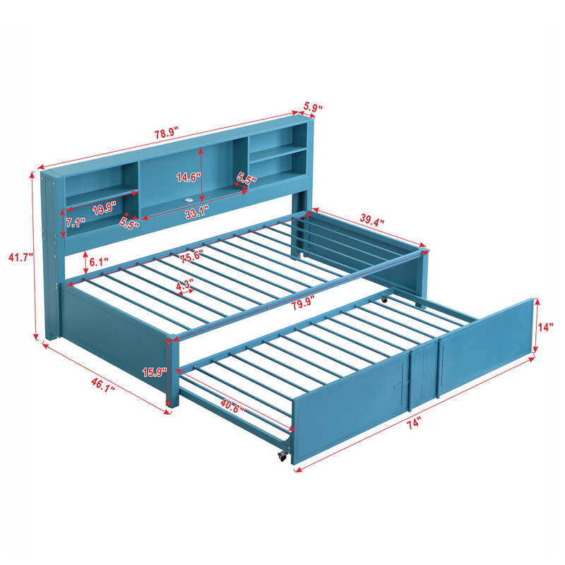 Metall-Twin-Size-Daybed mit Twin-Size-Rollbett, Lager regalen und USB-Anschlüssen, blau