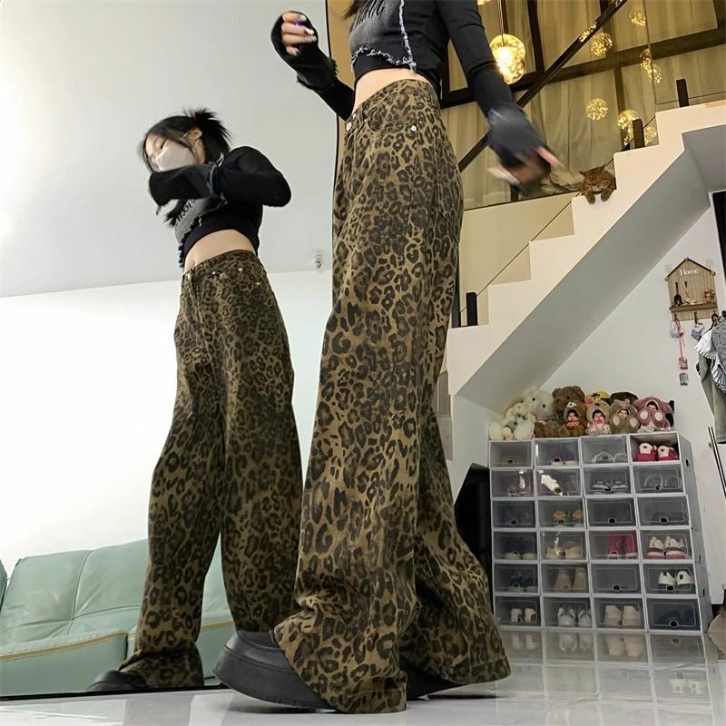 Baggy Jeans mit Leoparden muster Damen hose neue europäische und amerikanische Freizeit hose mit weitem Bein Mode Retro Straight Jeans
