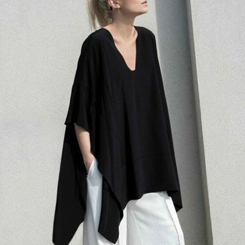 Abbigliamento donna estate nuovo nero sciolto asimmetrico top Tees manica corta tinta unita irregolare moda magliette Casual Vintage