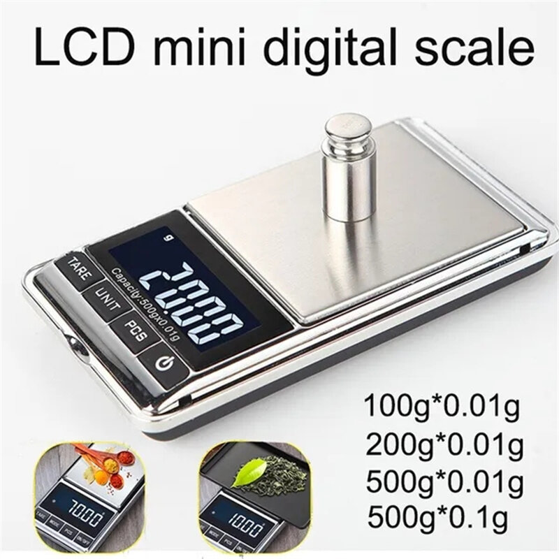 مقياس رقمي صغير عالي الدقة ، إضاءة خلفية LCD ، مقياس جيب كهربائي للمجوهرات ، وزن غرام للمطبخ ، 0.01g ، 100g ، 200g ، 500g ، g
