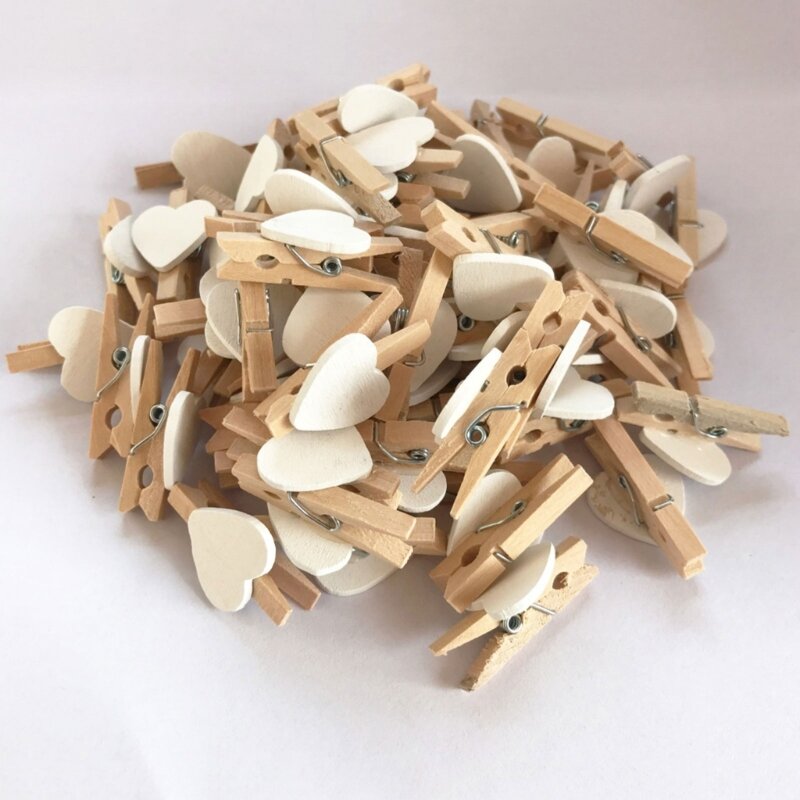 50Pcs/Set Wooden Clips Durable Wood Clothespins Small Love Heart Pegs Photo Clips for Wedding Decoration Craft