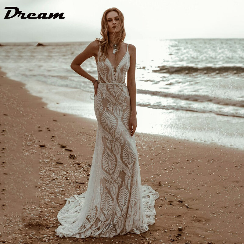 DREAM 섹시한 레이스 브이넥 비치 인어 웨딩 드레스, 2023 스파게티 스트랩, 민소매 신부 드레스, 백리스 베스티도 드 노비아