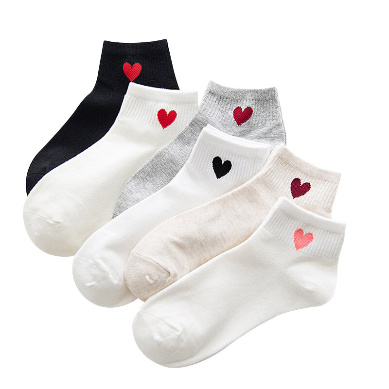Носки женские Короткие хлопковые 5 пар, дышащие, с рисунком сердечек, для молодых студентов, женские до щиколотки